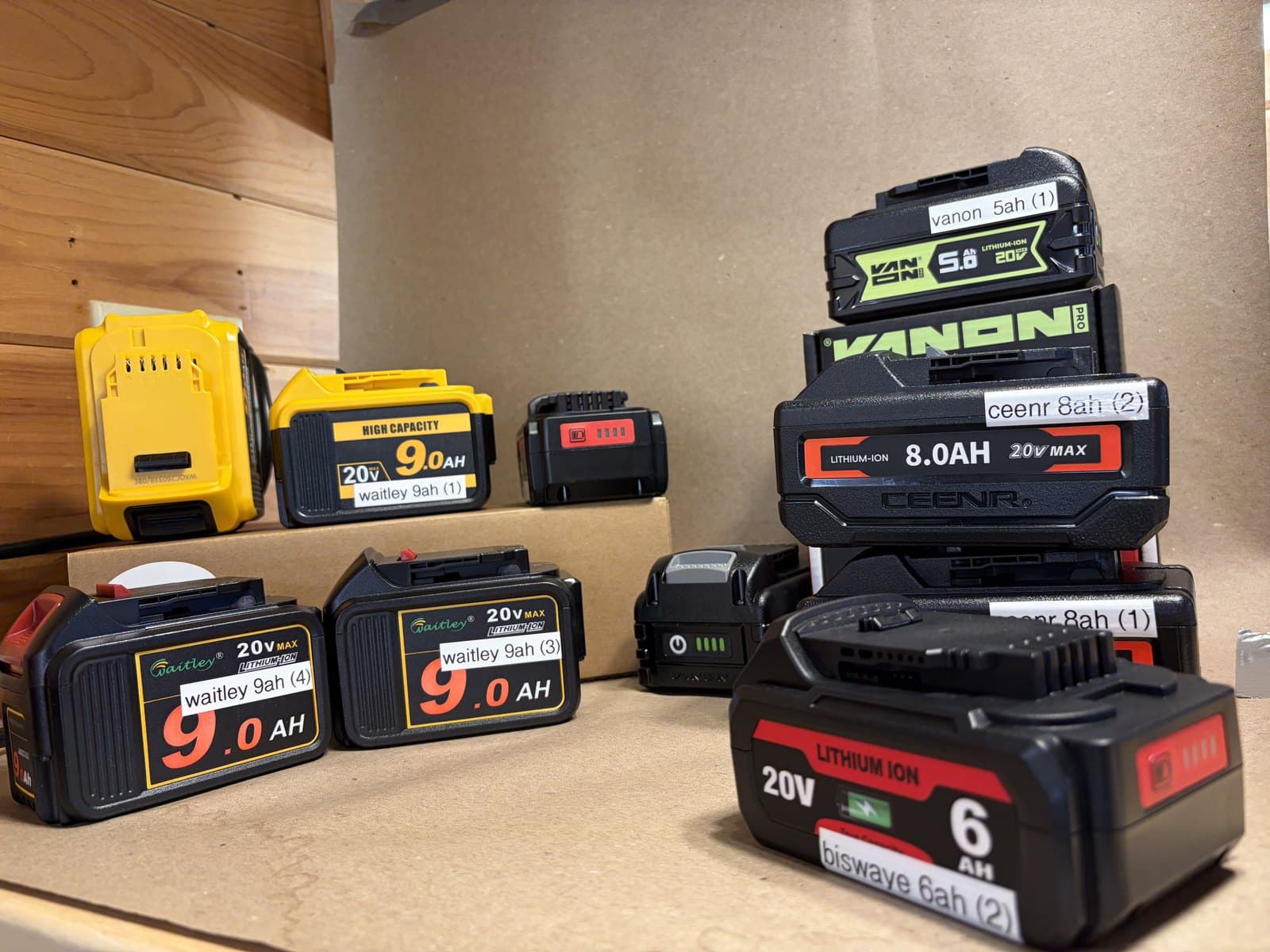 A lineup of DeWalt-compatible power tool battery packs on the test bench