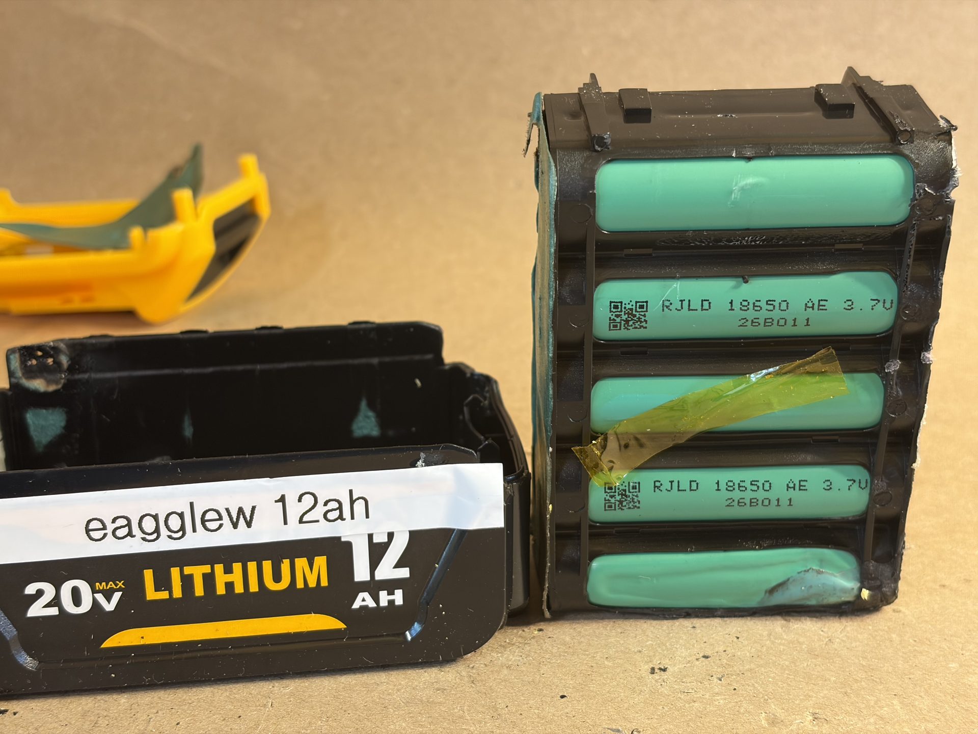 1 ruptured cell after failure test (somewhat expected). Cell label: RJLD 18650 AE 3.7V 26B011