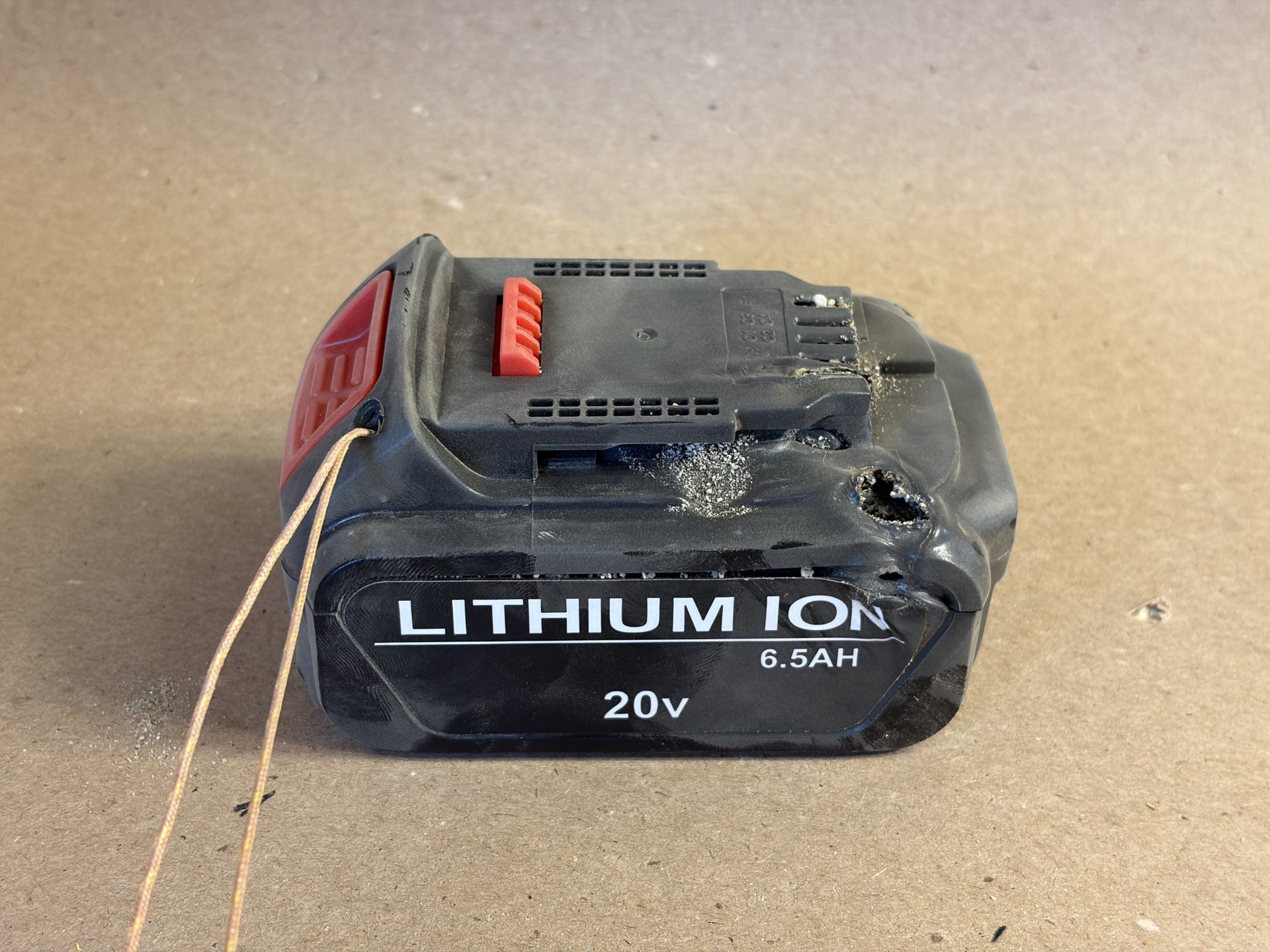 Pack exterior destroyed after failure test. Plastic melts easily