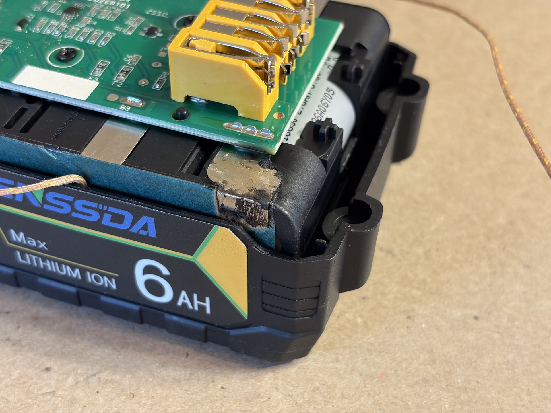 Minimal pack damage after failure test. Light melting at the high current busbars